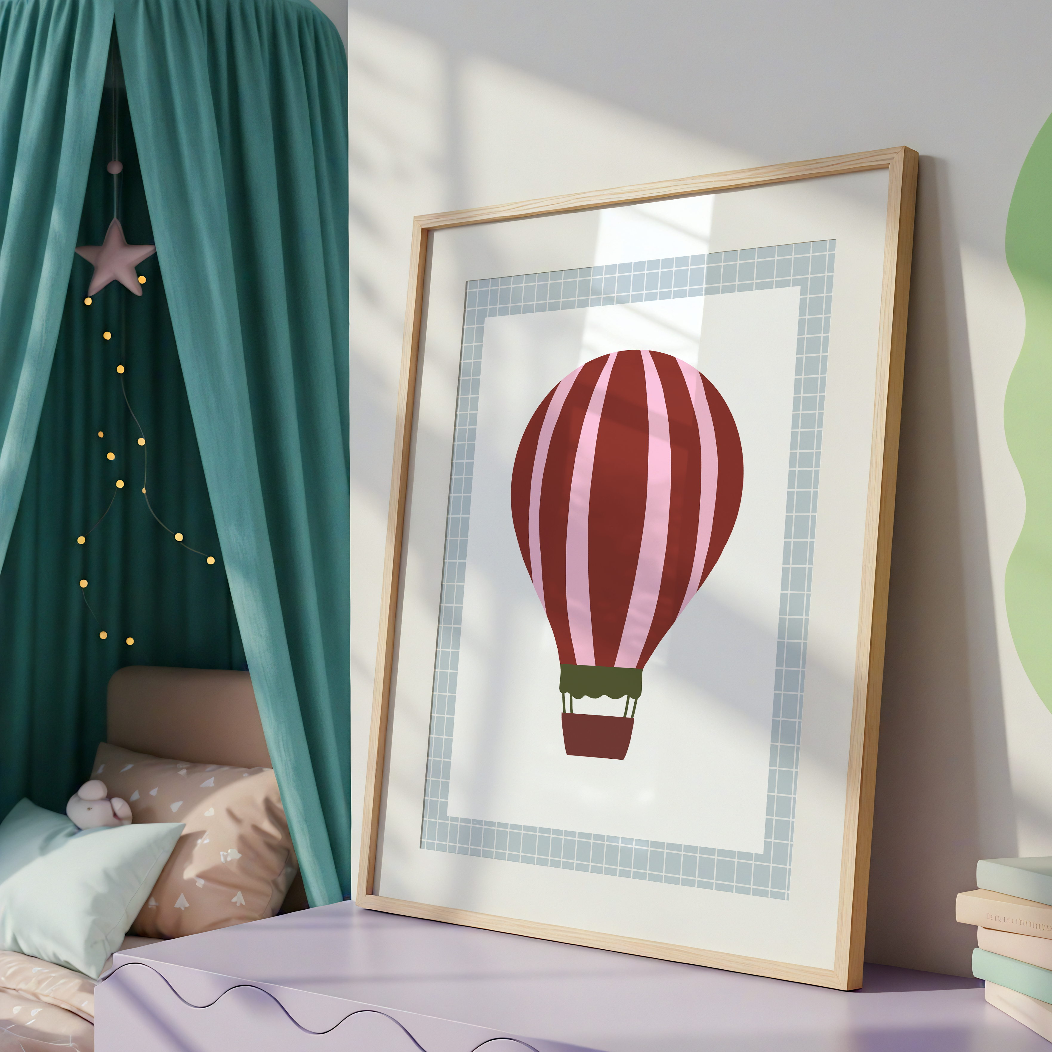 Poster Heißluftballon I in Blau und Rottönen